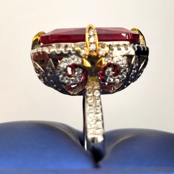 15CTW+ High Quality Radiant Cut Lab Ruby High Quality Czs 925 Ring - Picture 7 of 13